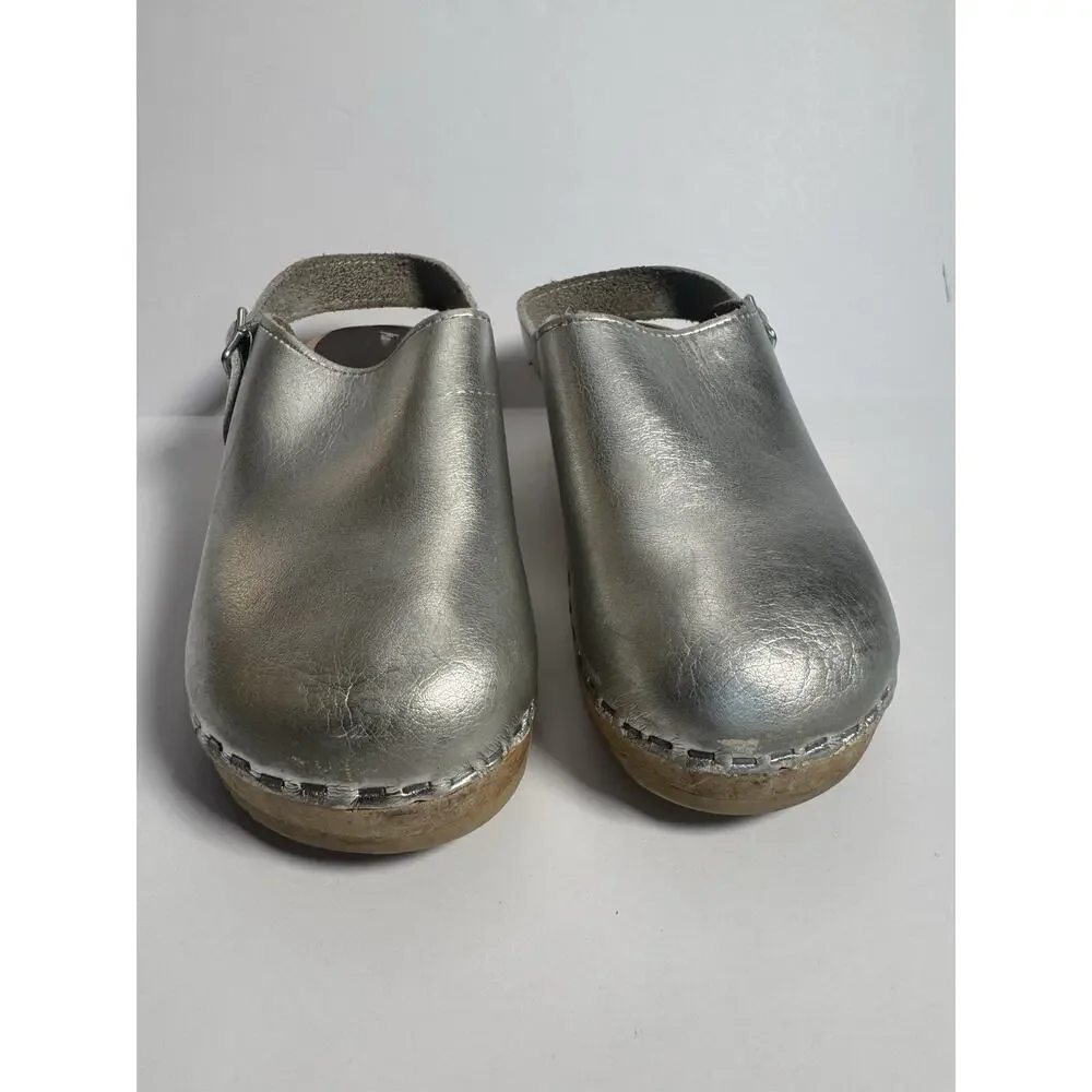 Vollsjo Sweden Silver Leather Wooden Slingback Clogs Girls EU 31 US 13